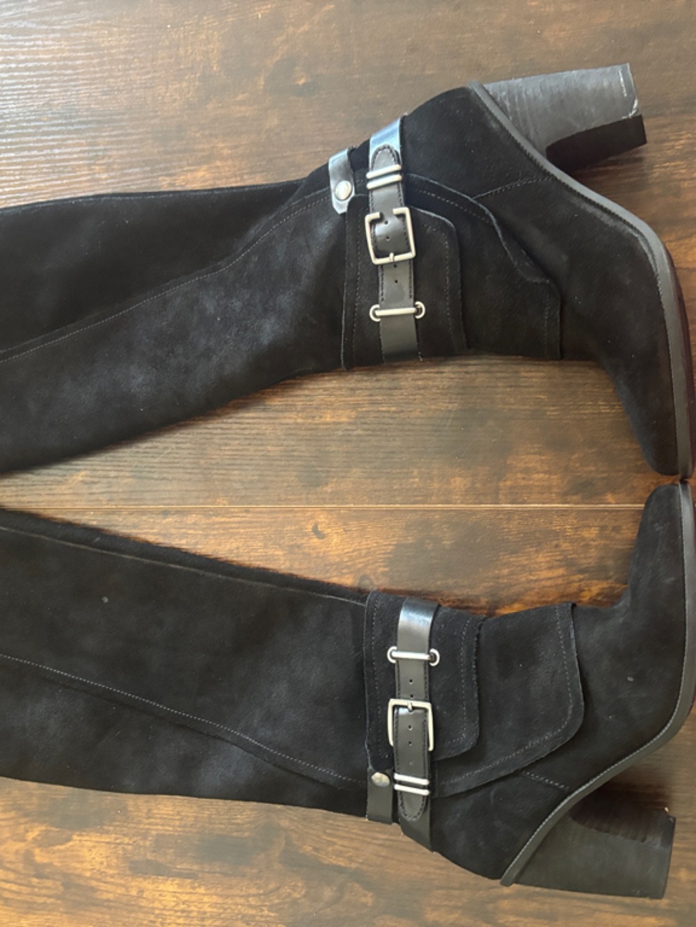 Fergie Black Suede Knee-High Heeled Boots with Buckle
